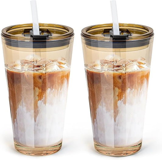 15oz 2 Pcs Glass Iced Coffee Cup with Lid Straw Thick Leak Proof Drinking Glasses Tumbler for Gift Cold Drink Smoothie Boba Tea(Amber*2)