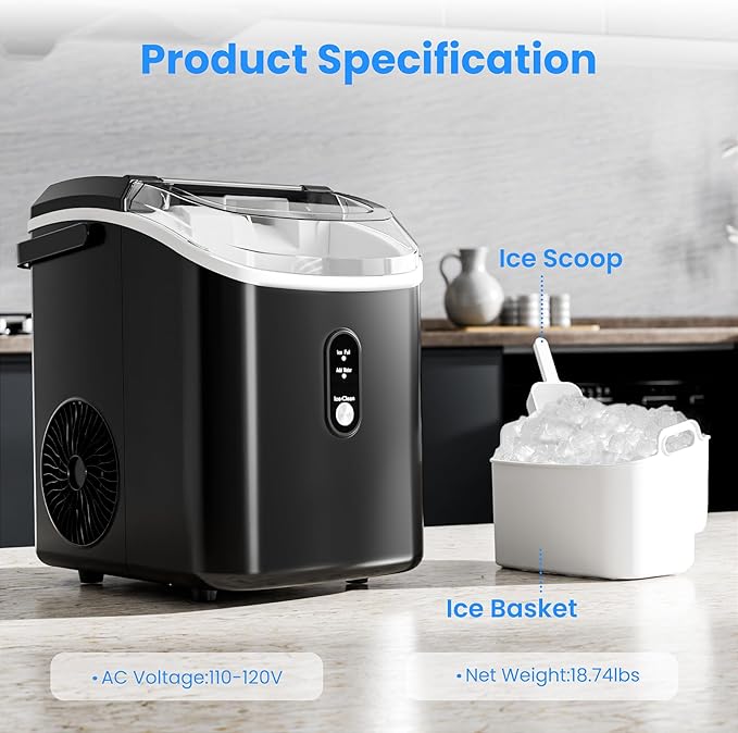 Antarctic Star Nugget Ice Makers Countertop with Self-Cleaning, 35lbs/24Hrs, Portable Crushed Ice Machine with Handle/Basket/Scoop for Home, Kitchen, Office, Camping(Black)
