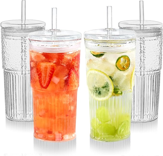 Puraville 20oz Glass Cups with Lids and Straws, 4 Pack High Borosilicate Iced Coffee Cups Drinking Glasses Tumbler for Smoothie, Water, Tea, Juice Drinks, Clear