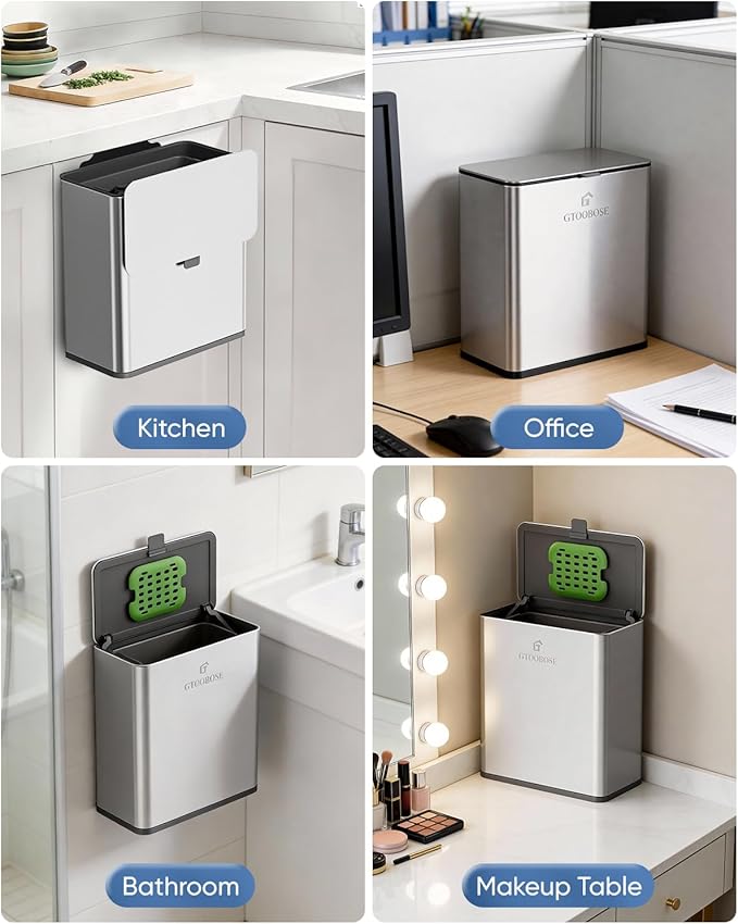 Kitchen Compost Bin, 8L/2.1G Small Trash Can with Lid, Slim Stainless Steel Hanging Garbage Bin for Kitchen, Bathroom, Bedroom, Office, Wall Mounted Compost Bin with Inner Bucket, Silver