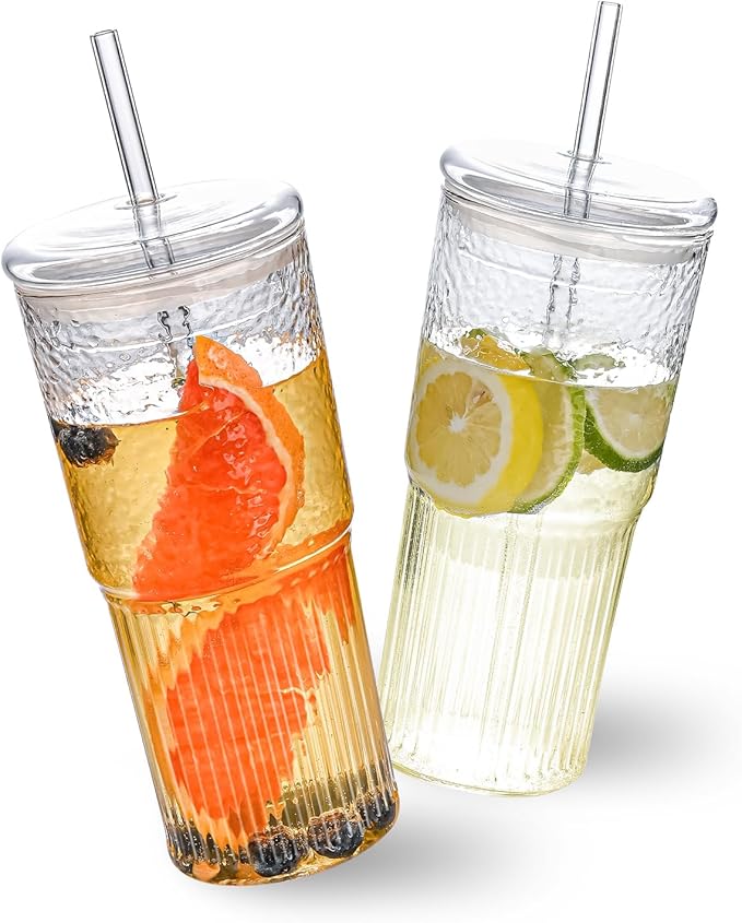 20oz Glass Cups With Glass Lids and Straws, High Borosilicate Iced Coffee Cups, Reusable Glass Tumblers for Coffee, Tea, Juice, Smoothies, Hot/Cold Drinks at Home, Office - 2 Packs