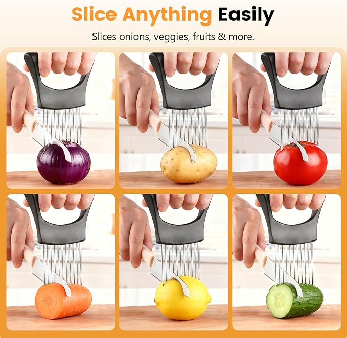 Onion Holder for Slicing, 304 Stainless Steel Onion Slicer Holder, Tomato & Vegetable Cutter, Fruit Slicer & Meat Tenderizer, Ergonomic Kitchen Gadget for Safe, Even & Odor-Free Cutting, Home Cooking