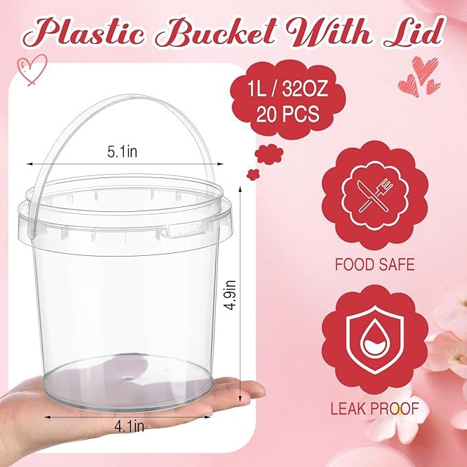 PerKoop 20 Pcs 32 oz Ice Cream Buckets with Lids and Handles Clear Cocktail Rum Buckets with Stickers Plastic Transparent Tub Reusable Food Storage Containers for Parties(Heart)