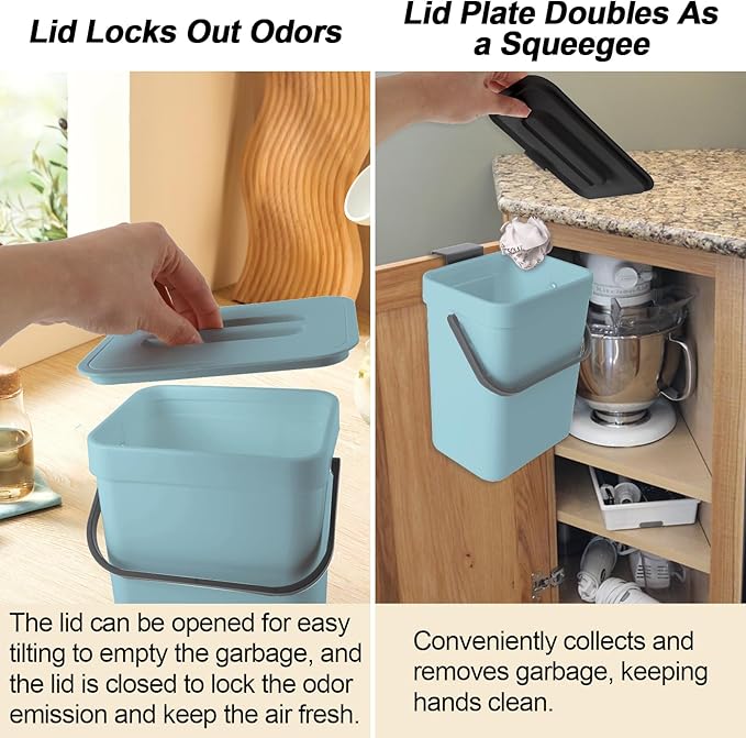 Compost Bin Kitchen, for use on Countertops or Under Sinks, Hanging Trash Can with Lid, for Cupboard/Bathroom/Bedroom/Office/Camping, Mountable Indoor Compost Bucket(Blue 1.3 Gallon/5L)