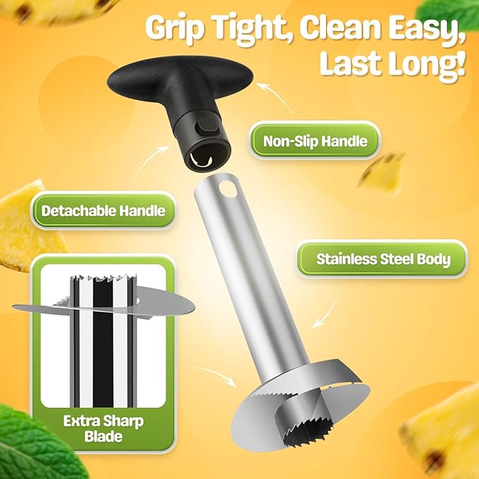Flexzion Pineapple Corer Slicer Peeler, Stainless Steel Eye Remover Decorer Wedger Cutter, Spiral Cutting Tools with Metal Blade, Non-Slip Grip for Fruit Rings, Home Kitchen Restaurant Chef Use