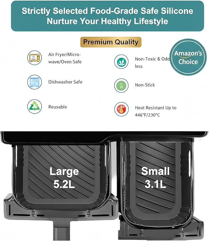 Silicone Air Fryer Liners 2 Pack, 1 Large and 1 Small, for Philips Dual Basket Air Fryer 3000 Series NA350 NA351, Reusable Asymmetrical Dual Drawer Air Fryer Liners, BPA-Free Air Fryer Accessories