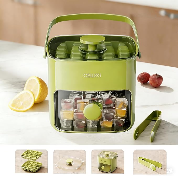 Compact Ice Cube Tray with Lid and Bin, Mini Press-Type Ice Maker for Freezer, Space-Saving Small Ice Bucket with Tongs for RV, Office, Mini Fridge & Water Bottles, BPA-Free (Green)