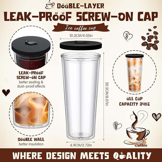 Honeydak 4 Pack 24 oz Reusable Iced Coffee Cups with Lids and Straws Leakproof Double Wall Insulated Clear Plastic Iced Coffee Tumblers with Straw Brushes