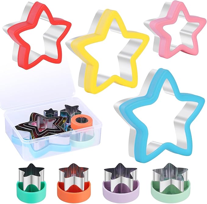 8-Piece Star Cookie Cutter Set with Storage Box - Heavy Duty Stainless Steel Baking Tools, Plastic Handles, Dishwasher Safe, Kids Friendly for Cookies, Biscuits, Vegetable, Fruit and Sandwiches