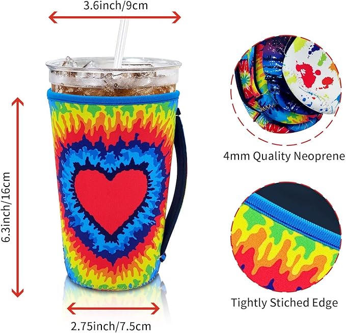 4Pack Reusable Iced Coffee Sleeve Insulator Sleeves for Cold Drinks Beverages, Neoprene Cup Holder With Handle for Most Coffee, Fits 30-32 Oz Large Cups (Tie dye with Handle)