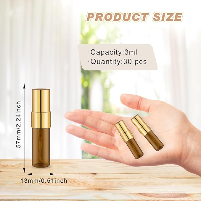 30 Pack Empty Mini Glass Spray Bottle Refillable Fine Mist Perfume Atomizer Portable Travel Sample Spray Bottles Containers For Perfume Essential Oils Cosmetics Liquid (amber bottle, 3ml)