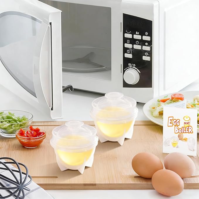 Microwave Egg Cooker (2 Pack), Rapid Hard Boiled Egg Maker & Poacher for Breakfast Sandwiches, BPA-Free Double Boiler Cups with Yolk Piercer, Non-Stick No Shell Peeling, Portable for Dorm & Office, Transparent