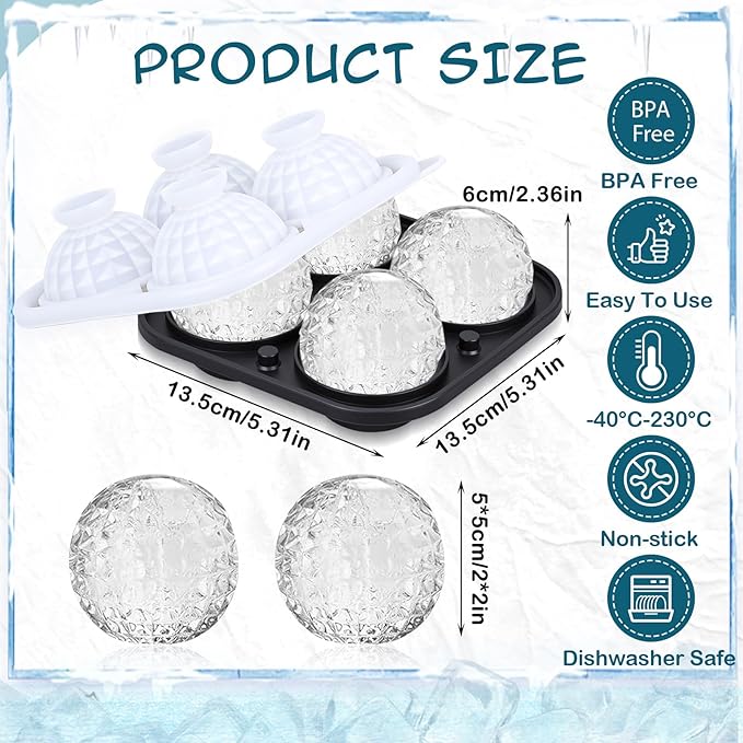 Hoolerry 2 Pcs 3D Golf Gifts Ball Ice Maker Mold 2.2" Large Sphere Round Silicone Ice Cube Tray 4 Hole Fun Shapes Big Ices Cube Mold with Funnel for Whiskey Cocktails Bourbon Chilling
