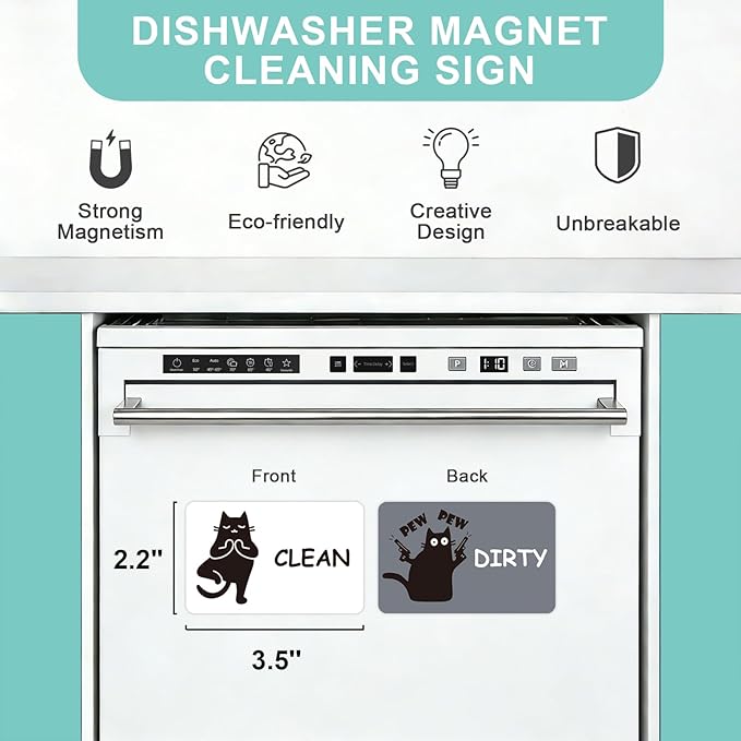 Funny Black Cat Clean Dirty Dishwasher Magnet - Cute Refrigerator Kitchen Magnet, Non-Scratch Strong Double Sided Washing Machine Sign, Housewarming Gifts for Cat Lovers, Home Apartment Essentials (White&Gray)