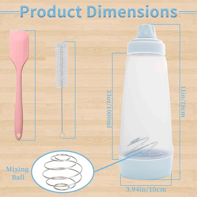 Pancake Batter Dispenser with BlenderBall & Wire Whisk – Includes Silicone Spatula & Cleaning Brush –Can shake Protein Powder, Perfect for Pancakes, Waffles, Crepes & More Kitchen Baking Tool 2 Pack