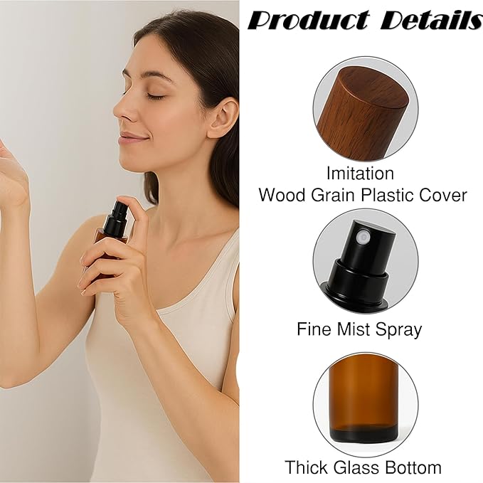 4Pcs 30ml Amber Glass Spray Bottles with Wood Grain Plastic Caps Refillable Fine Mist Atomizer Empty Travel Perfume Bottle for Essential Oils, Skincare, DIY Scents