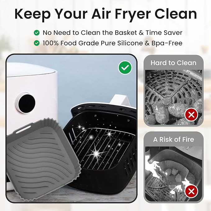 Redfly 2 Pack Silicone Air Fryer Liners, Square Reusable Non-Stick Basket Inserts for 6-8 QT Air Fryers, Dishwasher Safe Parchment Paper Replacement Accessories Gray & Black