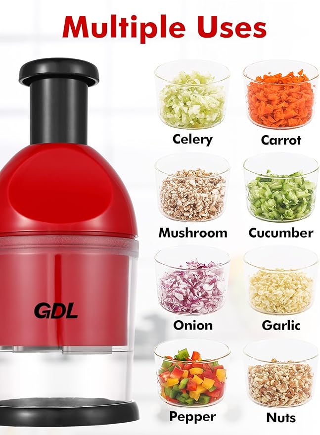 Food Chopper, Hand Chopper Dicer Easy to Clean, Manual Slap Vegetable Cutter Onion Dicer, Garlic Mincer for Onion, Nut, Tomato, Pepper, Celery, etc, Red