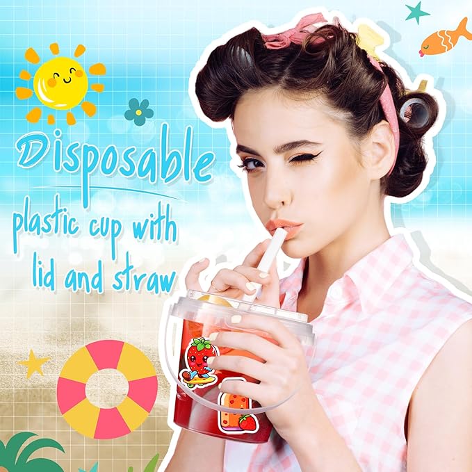 Funnymoom 30 Set Strawberry Clear Plastic Cups with Lids & Straws 24oz Disposable Rum Drink Buckets Bulk for Cocktail Parties with Handles & Stickers for Holiday Birthday Beach Pool Party Supplies