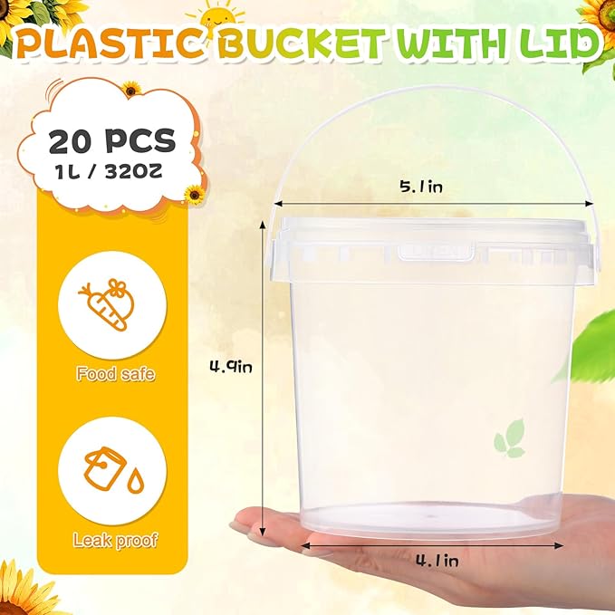 PerKoop 20 Pcs 32 oz Ice Cream Buckets with Lids and Handles Clear Cocktail Rum Buckets with Stickers Plastic Transparent Tub Reusable Food Storage Containers for Parties(Sunflower)