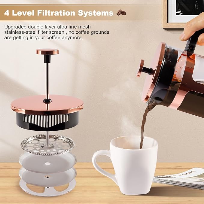 French Press Coffee Tea Maker, Upgrade Heat Cold Resistant Thickened Glass with 4 Level Stainless Steel Filtration System Brew Coffee & Tea, BPA Free, Large 1000ml 34oz, Rose Gold