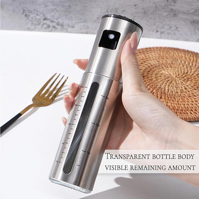 Oil Sprayer for Cooking Spritzer with Scale,Olive Oil Dispenser Bottle for Kitchen(3.3OZ),Hollowed-out Visible Margin Stainless Steel