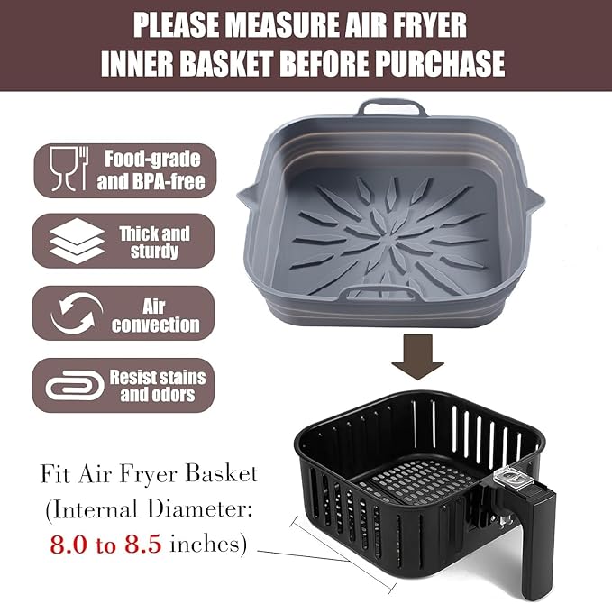 Reusable Silicone Air Fryer Liners (2-Pack) – 8.5” Square, Non-Stick & Easy to Clean, Heat-Resistant Basket for 4-7 Qt Air Fryers – Grey & Black