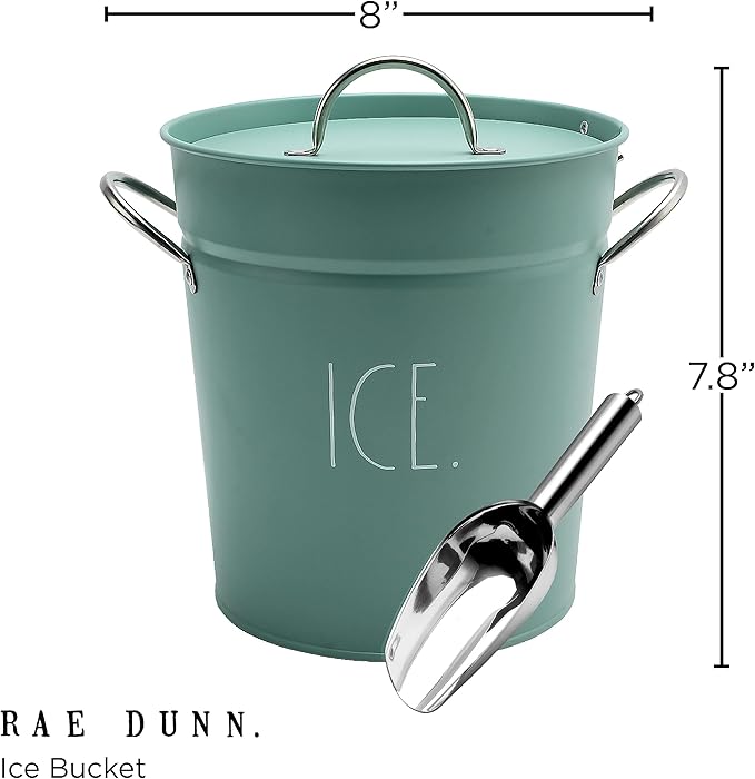 Rae Dunn Ice Bucket with Scoop - Stainless Steel Bucket with Handle, Lid and Ice Scooper - 4 Qt. Storage Bin for Ice Cubes for Bars, Parties, Backyard Barbeques, Picnics, and Camping (Sage)