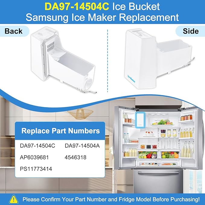 Upgraded DA97-14504C DA97-14504A Refrigerator Ice Bucket Compatible with Samsung Ice Maker Replacement Ice Tray Ice Container Parts Samsung Ice Bucket Replacement RF23J9011SR RF23HCEDBSR Ice Maker