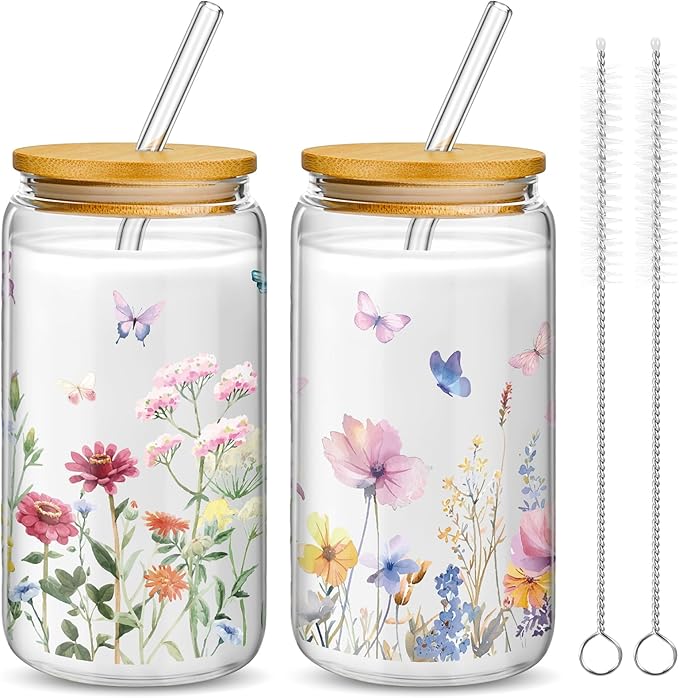 Mumufy 2 Pack Bridesmaid Gift Glass Cups, Cute Flower Mason Jars with Bamboo Lids & Straws, 16oz Iced Coffee Tumblers for Wedding, Bridal Party, Birthday, Mother's Day(Wild Flower2)