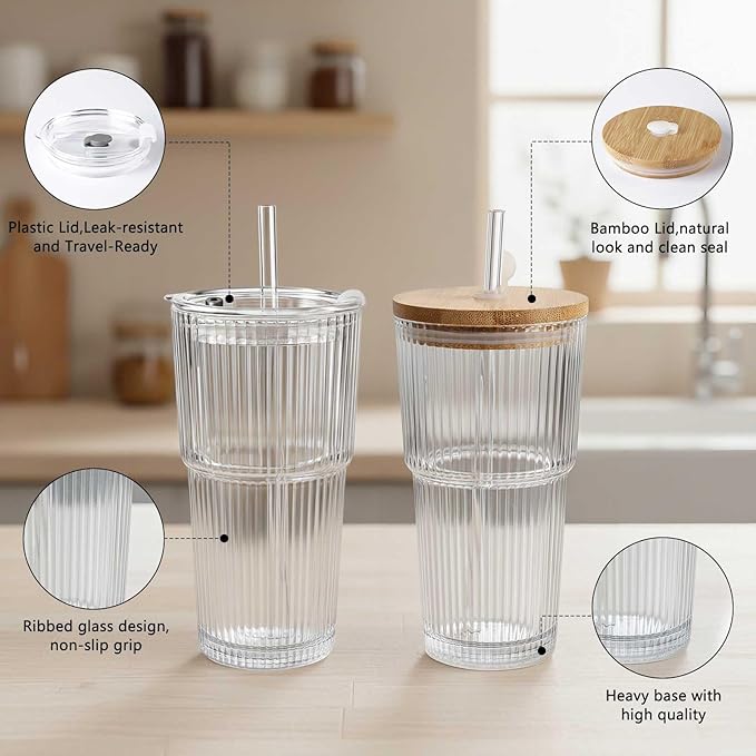 Ruckae 20oz Reusable Ribbed Glass Tumbler Set – 2 Pack Leakproof Glass Cups with Bamboo Lids,Thickened Glass– Aesthetic Iced Coffee Glasses for Home, Office, Travel, and Gifts (4, Transparent)