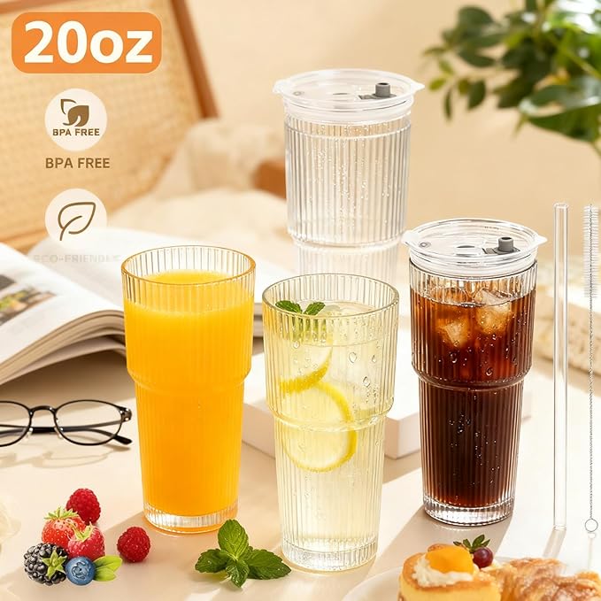 20 oz Glass Tumblers, Iced Coffee Cups with Lids and Glass Straws, Thickened Wall Glass Cups, Ideal for Smoothies, Cocktails, and Juices – Vintage and Durable Drinkware –2 Pack