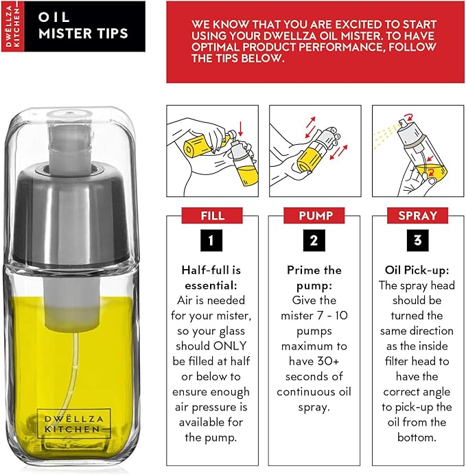 DWËLLZA KITCHEN Olive Oil Dispenser Bottle For Kitchen & Sprayer For Cooking - Glass 17 Oz. Cooking Oil/Syrup Dispenser With Measurements & 6 Oz. Spray Bottle Set