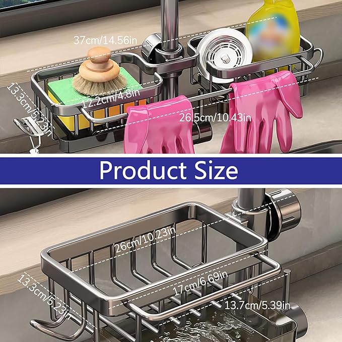 Kitchen Sink Faucet Organizer Multifunction Sponge Holder Organizer Sink Drain Holder Over Faucet Kitchen Sink Caddy with Hook Adjustable for 0.7-1.1inch Round Water Pipe (Black, S)