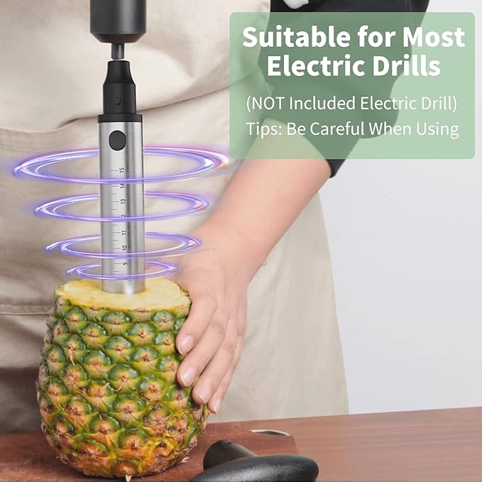 Newness Pineapple Corer with Knife, [Upgraded, Electric & Manual] Stainless Steel Fruit Cutter with Electric Drill Accessory, Pineapple Slicer Core Remover Kitchen Tool with Measure Mark