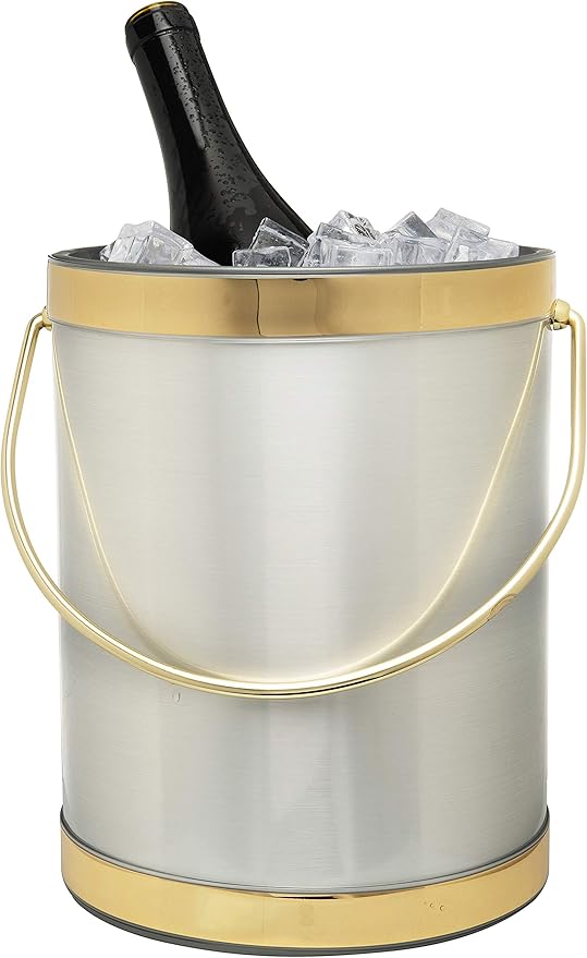 Made In USA Metallic Deco Collection Double Walled Insulated Ice Bucket With Ice Tongs (5-Quart, Silver & Gold)