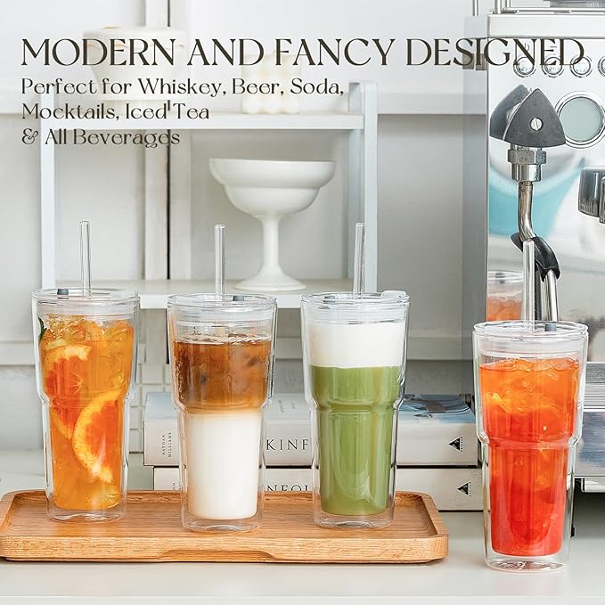 KEMORELA 20 oz Double Wall Glass Tumblers with Lids & Straws, Set of 4—Insulated Clear Drinking Glass Cups for Iced Coffee, Matcha, Smoothies, Whiskey, and More—Reusable for Home & Parties