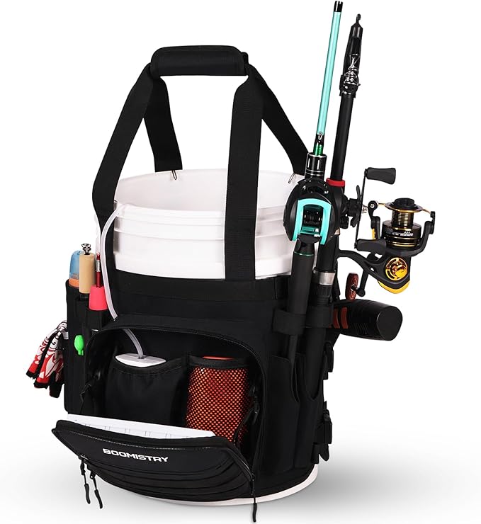 Boomistry Fishing Bucket Organizer for 5 Gallon Bucket Accessories, Fishing Tackle Bag with Adjustable Buckle, Fishing Rod Bag with 15 Multi-Pockets for Fishing Gear and Equipment (Black)