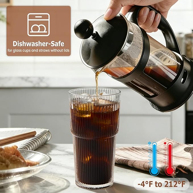 TUZAZO 20 Oz Ribbed Glass Tumblers with Lids and Straws - 4 Pack Reusable Glass Coffee Cups with Straws and Lids, Thicken Glass, Ideal for To Go Iced Coffee