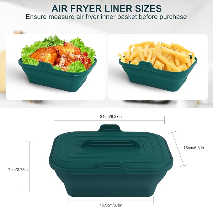 Silicone Air Fryer Liners Collapsible, 8.2 Inch Reusable Air Fryer Liners With lid-Long-lasting Freshness - Easy to Clean Air Fryers Pot for 5.8 to 8 Qt Baking Tray Oven Accessories, Green