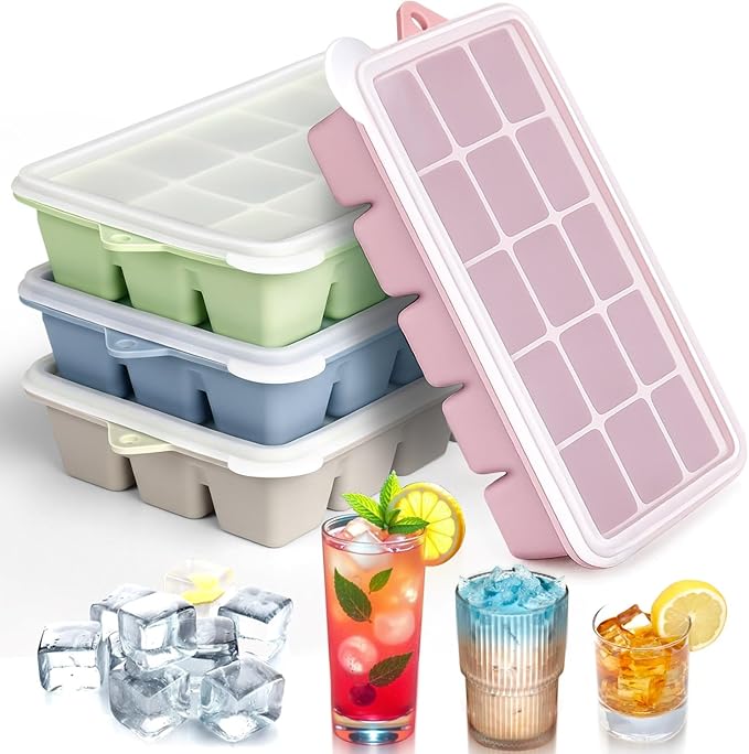 Upgraded Ice Cube Tray with Lid, Silicone Ice Trays with Spill-Proof Lids, Easy Release Ice Trays for Freezer, Reusable Silicone Ice Cube Molds for Coffee Cocktail Whiskey, BPA Free 4Pack