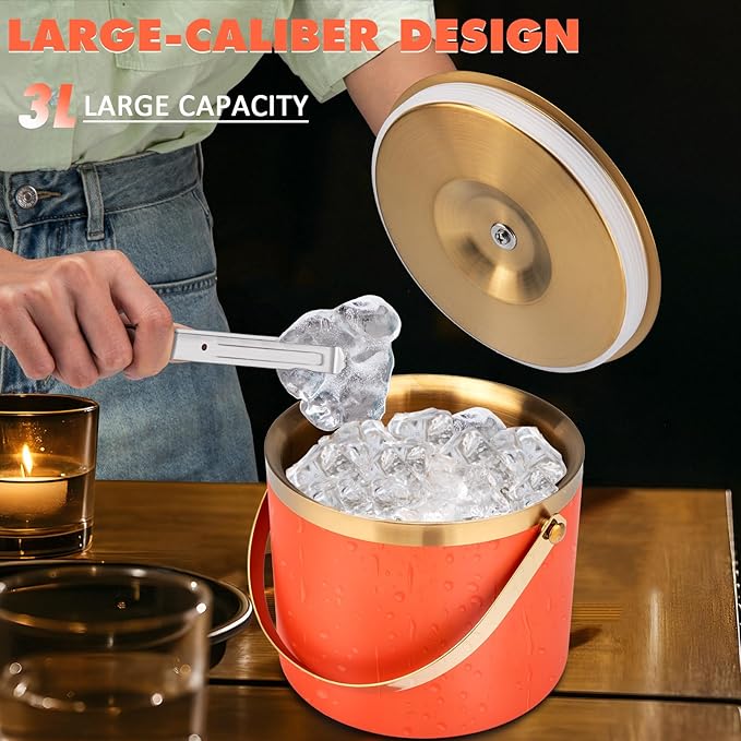Ice Bucket, 3L Double-Wall Stainless Steel Insulated Ice Bucket With Lid and Ice-Tong, Ice-Buckets for Parties Home Bar, Chilling Beer, Champagne, Wine Bottle(Orange Gold)
