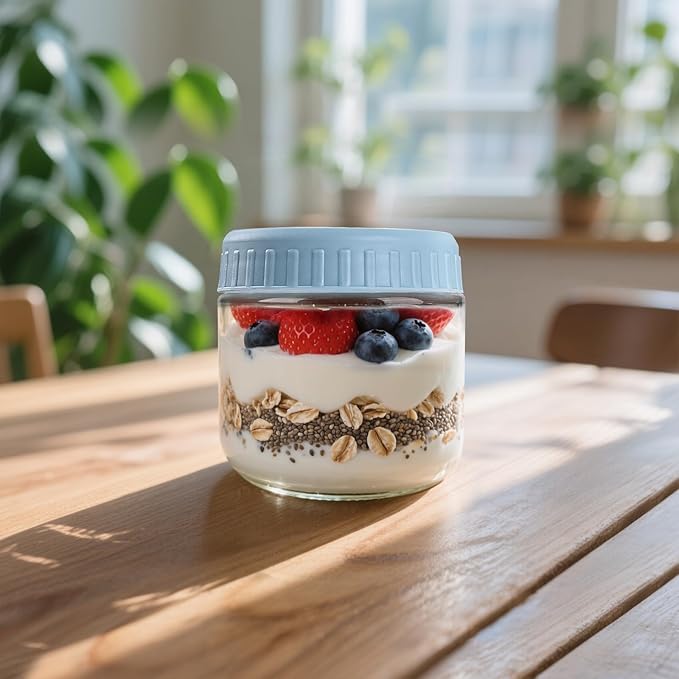 SHOWIN Overnight Oats Containers with Lids, 10oz Glass Jars with Lids 4 pcs, Light Blue, Wide Mouth Mason jars for Salad, Yogurt, Snacks, Meal Prep
