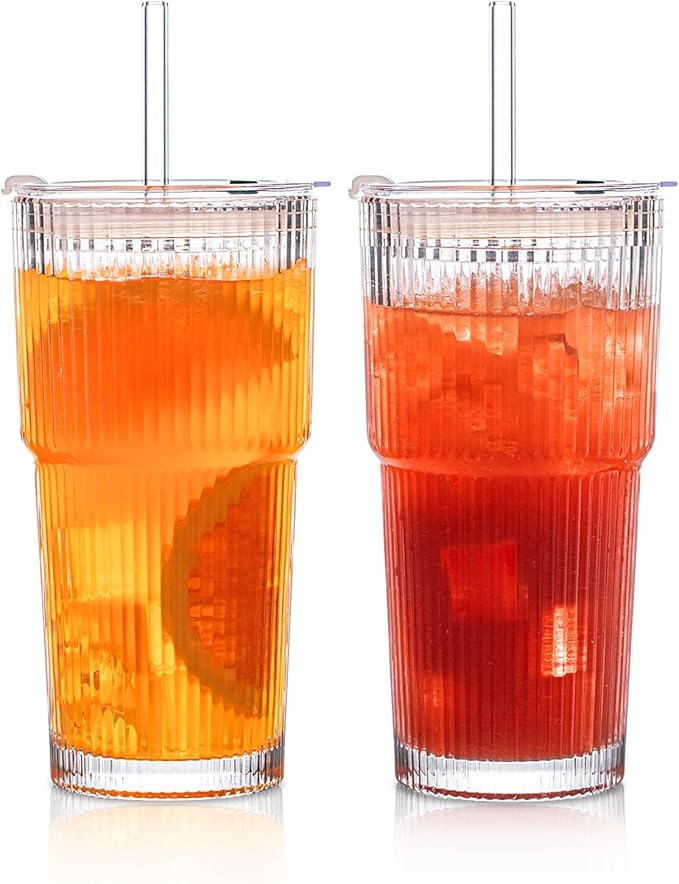 INSETLAN 20 oz Ribbed Glass Tumblers with Lids and Glass Straws – 2-Piece Glassware Set, Heavy-Duty Tumblers, Ideal for Iced Coffee, Smoothies, Cocktails, and Juices – Elegant and Durable Drinkware