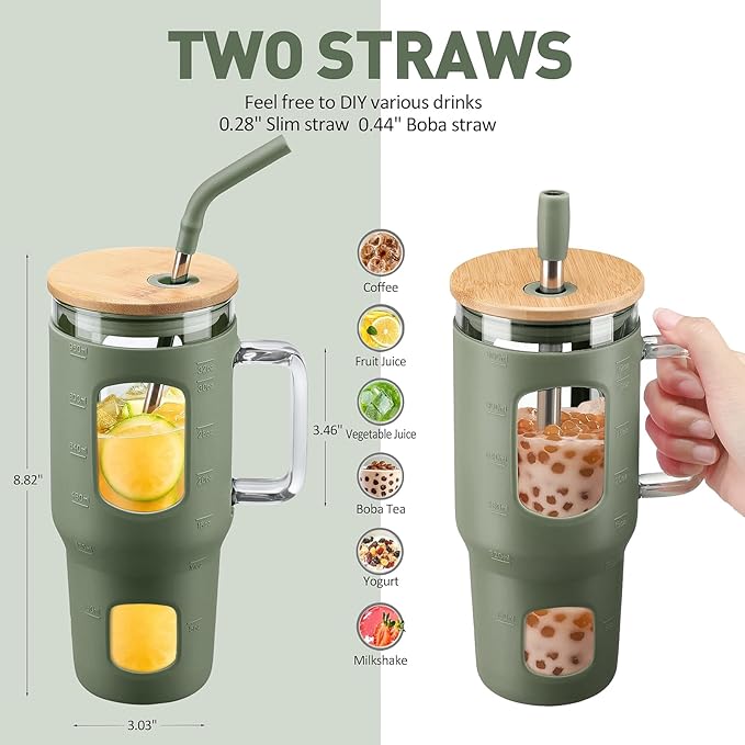 WINSA Glass Tumbler with Lid, 32 oz Glass Cup with Handle, Glass Water Bottles with Time Marker, 2 Straws - Pearl Straw & Silicone Protective Sleeve - Olive