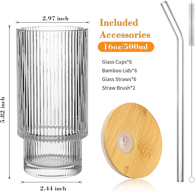 16oz Glass Cups with Lids & Straws,Glass Tumbler with Straw and Lid, Trendy Ribbed Design & Stackable for Iced Coffee/Cold Brew, Perfect for Home/Office by Coffee Lovers & Commuters (16OZ-6PACK)