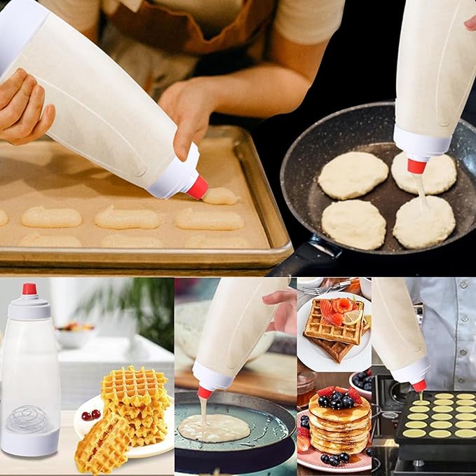 Pancake Batter Mixer Dispenser Bottle,1000ML Squeeze Kitchen Shaker Baking Tool with Mix Ball Wire Whisk, for Cupcakes, Muffins, Pancakes