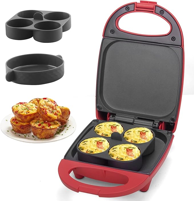 SugarWhisk Egg Bite Maker with 2 Silicone Egg Molds for Breakfast Sandwiches, Breakfast Maker, Omelet Pan, Healthy Snacks or Desserts, Red