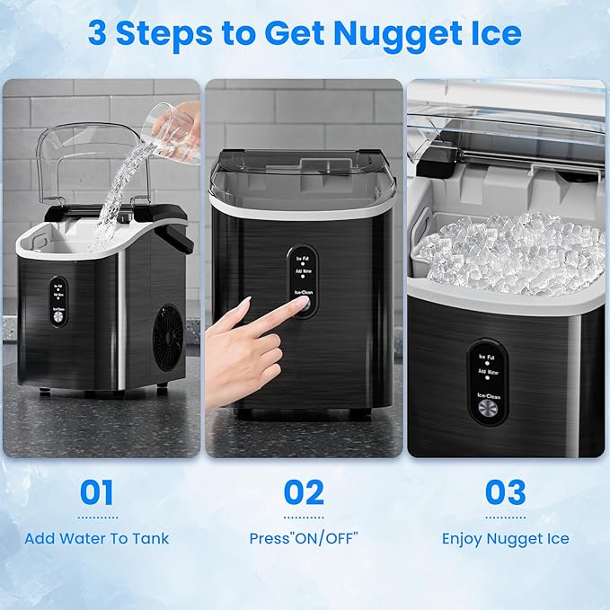 Antarctic Star Nugget Ice Makers Countertop with Self-Cleaning, 35lbs/24H, Portable Sonic Ice Maker Machine with Handle/Basket/Scoop for Home, Kitchen, Office, Camping(Stainless Steel Black)