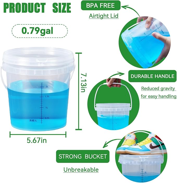 4 Pack 3 Quart Clear Plastic Buckets with Airtight Pressure Lids - Food Grade Storage Containers with Tear Strip & Blue Measurement Markings for Food, Soup, Freezer